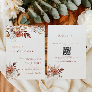 Boho Terracotta QR Code 2 in 1 Wedding Invitation