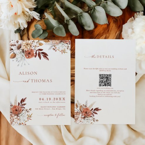 Wedding Invitations - Pink Dramatic personalized gifts for you Boho terracotta QR code two in one wedding invitation