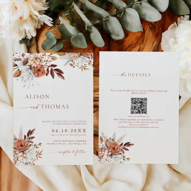 Boho Terracotta QR Code 2 in 1 Wedding Invitation
