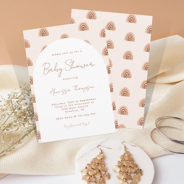 Boho Terracotta Rainbow Arch Baby Shower Script Invitation (Creator Uploaded)