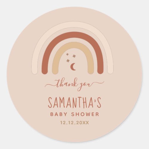 Boho Terracotta Rainbow Baby Shower Thank You Moon Classic Round Sticker