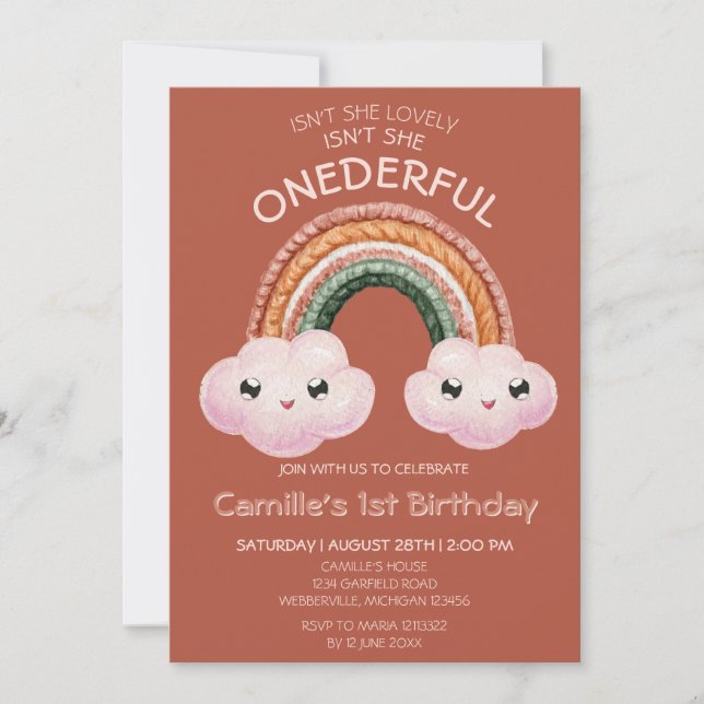 Boho Terracotta Rainbow clouds 1st Birthday  Invitation (Front)