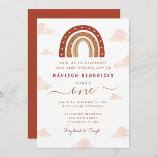 Boho Terracotta Rainbow Clouds 1st Birthday Invitation