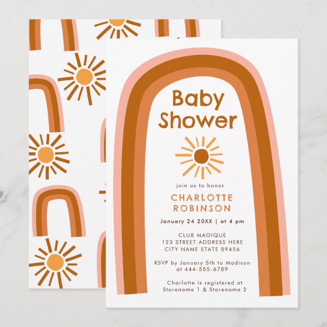 Boho Terracotta Rainbow Sun Baby Shower  Invitation (Front/Back)