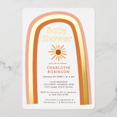 Boho Terracotta Rainbow Sun Baby Shower Real Foil Invitation