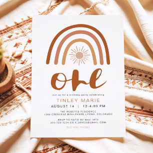 Boho Terracotta Rainbow Sun One First Birthday Invitation
