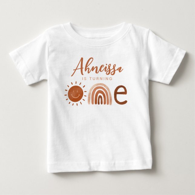 Boho Terracotta Rainbow Sunshine First Birthday Baby T-Shirt (Front)