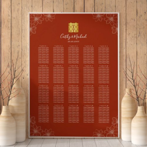 Boho terracotta red floral Chinese wedding seating Poster