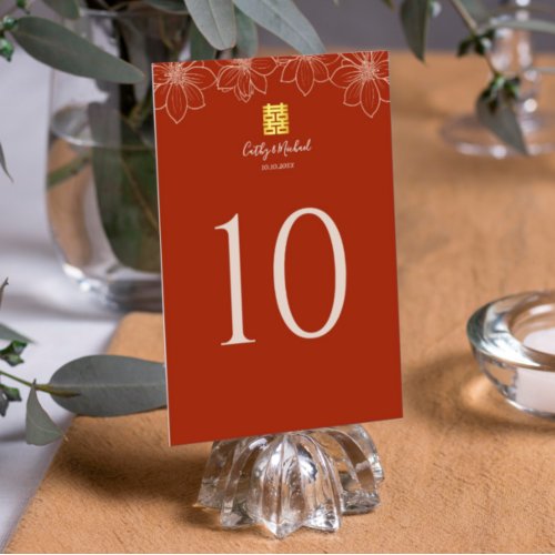 Boho terracotta red floral Chinese wedding Table Number