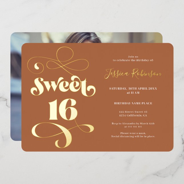 Boho terracotta retro script photo Sweet 16 Foil Invitation (Front/Back)