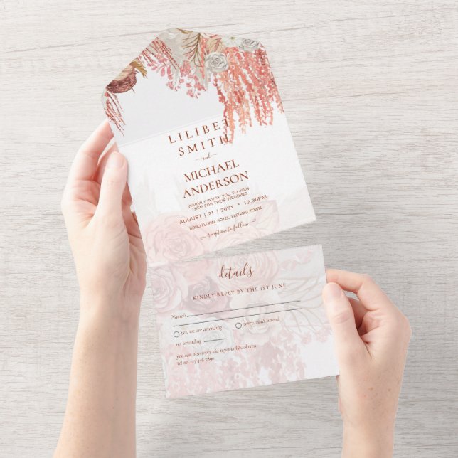 Boho Terracotta Rose Pampas Grass Floral Wedding All In One Invitation (Tearaway)