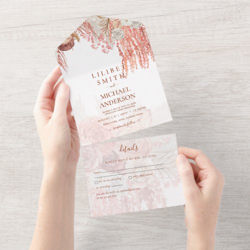 Boho Terracotta Rose Pampas Grass Floral Wedding All In One Invitation