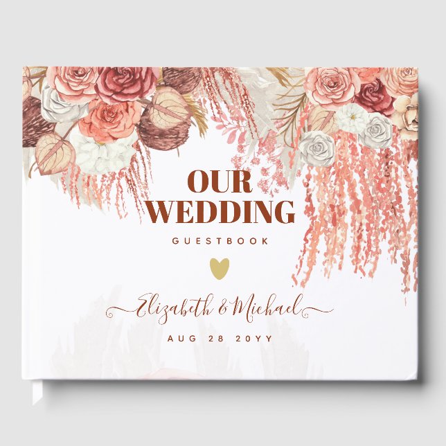 Boho Terracotta Rose Pampas Grass Floral Wedding Guest Book (Front)