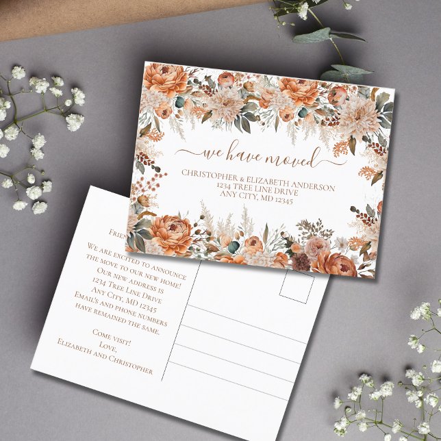 Boho Terracotta Rust Beige Floral Script Moving  Announcement Postcard (Terracotta burnt orange botanical floral We have Moved Post card)