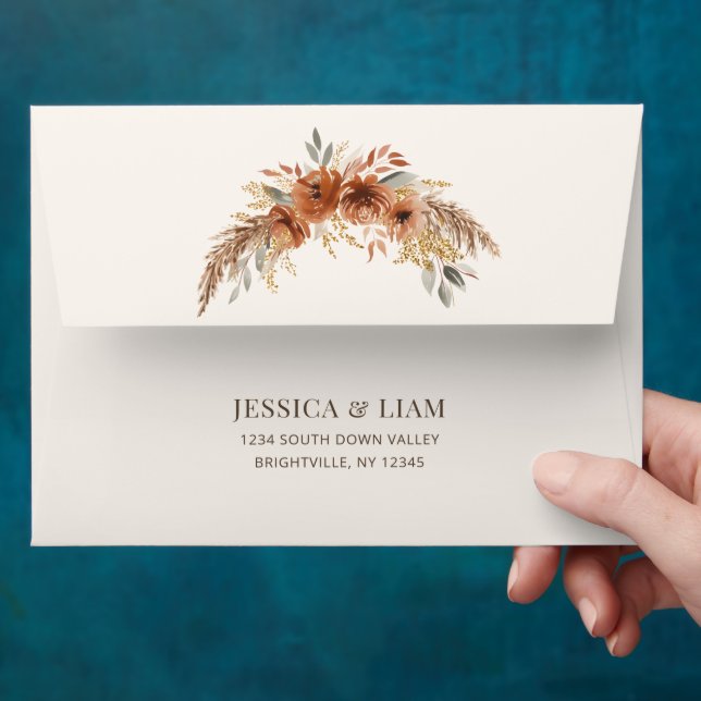 Boho Terracotta Rust Fall Floral Wedding Envelope (Hand)