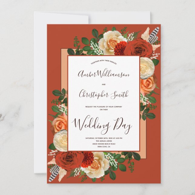 Boho Terracotta Rust Floral Pampas Grass Wedding Invitation (Front)