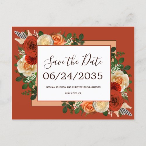 Boho Terracotta Rust Floral Wedding Save the Date Announcement Postcard