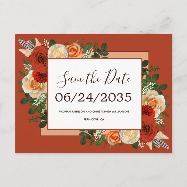 Boho Terracotta Rust Floral Wedding Save the Date Announcement Postcard (Front)