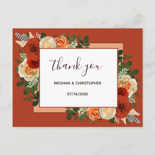 Boho Terracotta Rust Floral Wedding Thank You Postcard