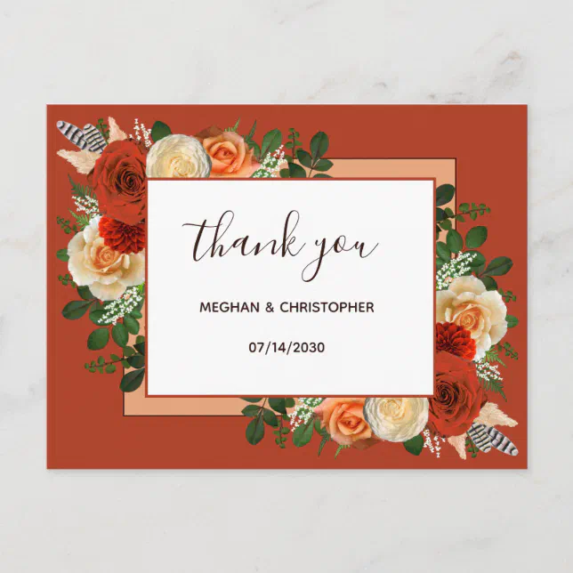 Boho Terracotta Rust Floral Wedding Thank You Postcard | Zazzle