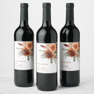 Boho Terracotta Rust Watercolor Floral Wedding Wine Label