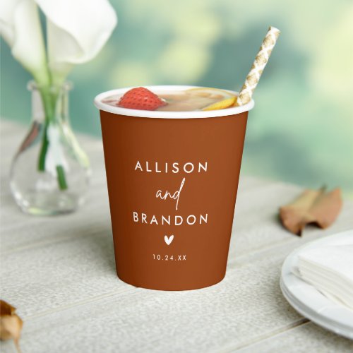 Boho Terracotta Rust Wedding Names Paper Cups