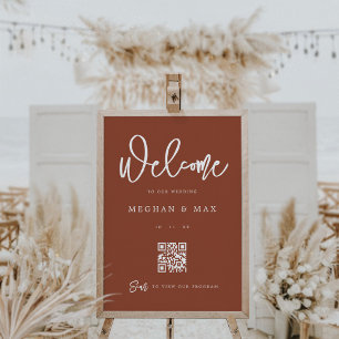 Boho Terracotta Rust Wedding Welcome Sign Qr Code 