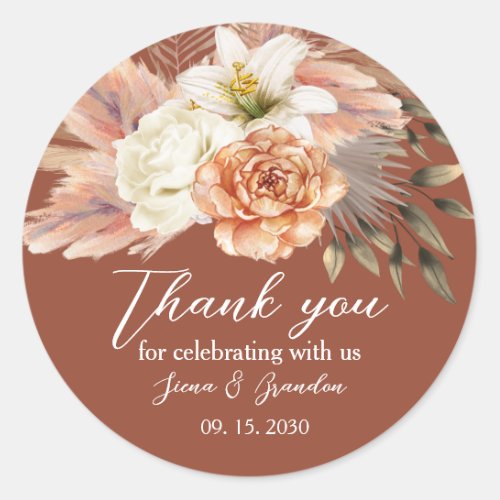 Boho Terracotta Rustic Floral Wedding Thank You Classic Round Sticker