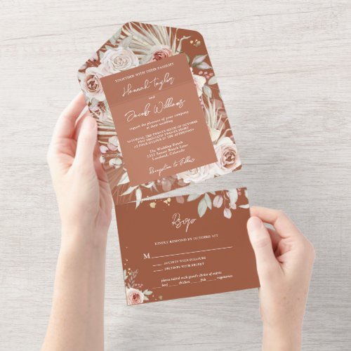 Boho Terracotta Rustic Floral with RSVP Wedding All In One Invitation