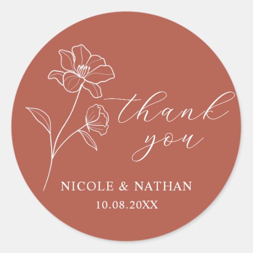 Boho Terracotta Rustic Wedding  Floral Thank you Classic Round Sticker