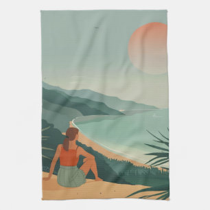 Boho Terracotta Sage Coastal Bay Sunset Landscape Kitchen Towel