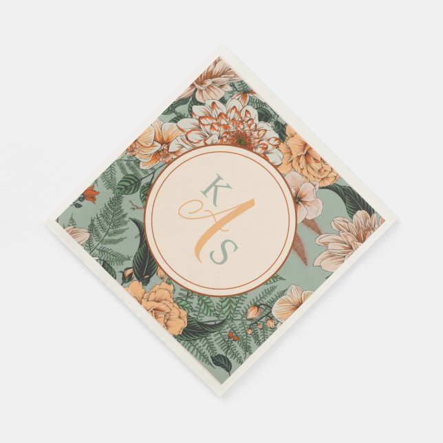 Boho Terracotta Sage Monogram Fall Wedding Napkins (Corner)