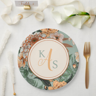 Boho Terracotta Sage Monogram Fall Wedding Paper Plates