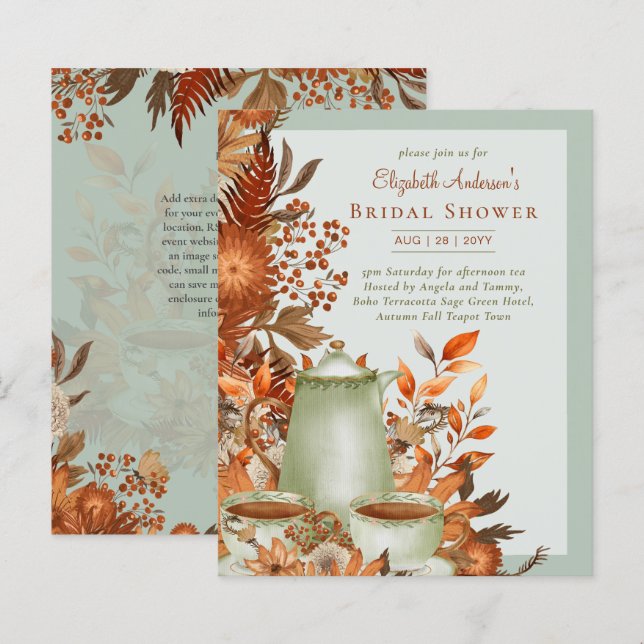 Boho Terracotta Sage Tea Party Baby Bridal Shower (Front/Back)