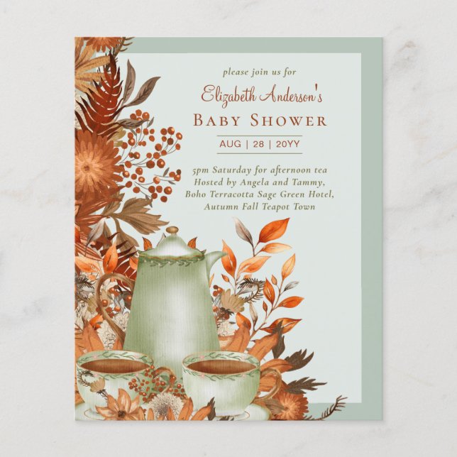 Boho Terracotta Sage Tea Party Baby Bridal Shower Flyer (Front)