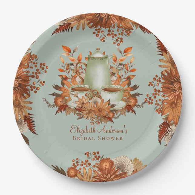 Boho Terracotta Sage Tea Party Dining Tableware Paper Plates (Front)