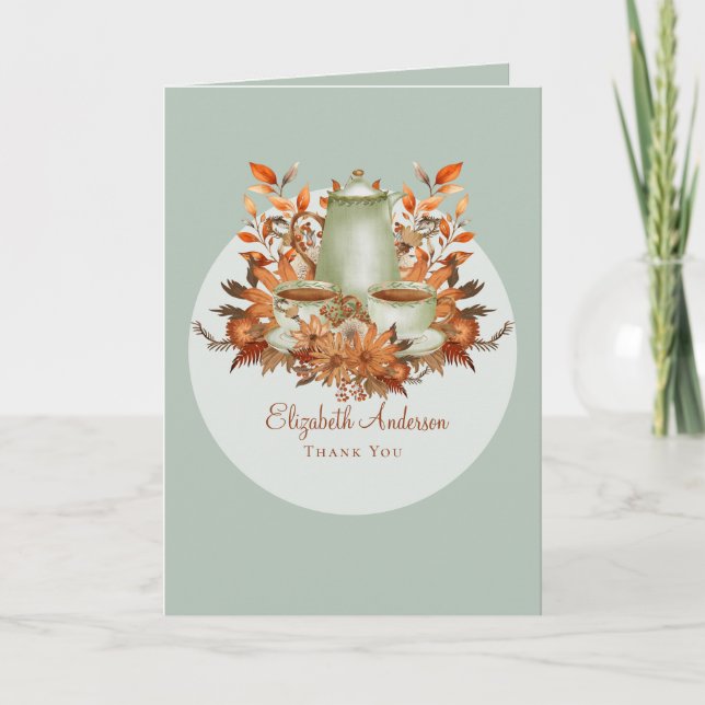 Boho Terracotta Sage Tea Party Floral THANK YOU Card (Front)