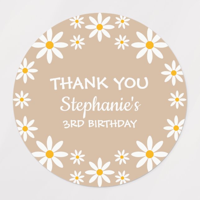 Boho Terracotta Sand Retro Daisies Birthday Party Labels (Design 1)