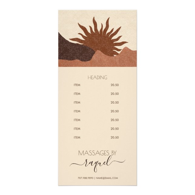 Boho Terracotta Sand Sun Massage Prices Rack Card (Front)