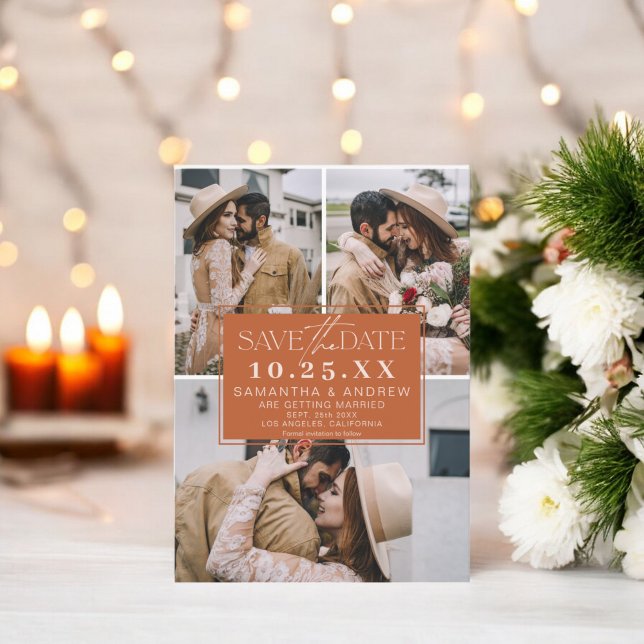 Boho terracotta save the date 3 photo grid collage (Boho terracotta save the date 3 photo grid collage)