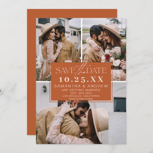 Boho terracotta save the date 3 photo grid collage