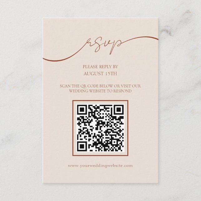 Boho Terracotta Script QR Code Wedding RSVP Card (Front)