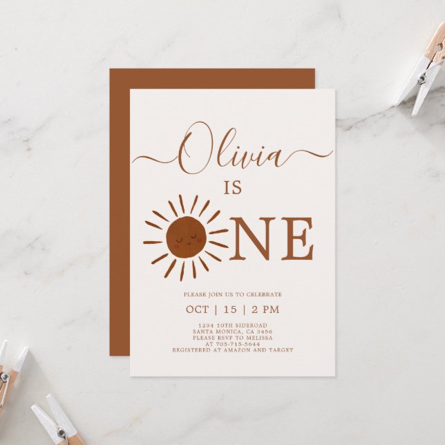 Boho Terracotta Sun 1st Birthday Invitation (Front/Back In Situ)