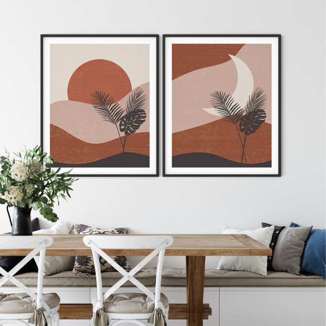 Boho Terracotta Sun and Moon Landscape Print Set (Boho Terracotta Sun and Moon Landscape Print Set in farmhouse kitchen)
