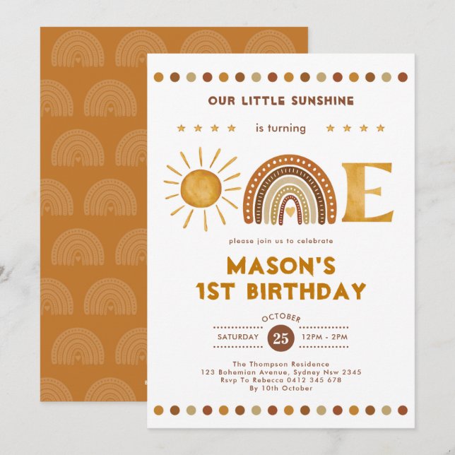 Boho Terracotta Sunshine Rainbow 1st Birthday Invitation (Front/Back)