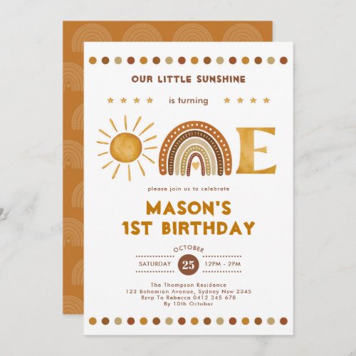 Boho Terracotta Sunshine Rainbow 1st Birthday Invitation