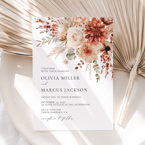 Boho Terracotta Taupe Floral Elegant Wedding Invitation