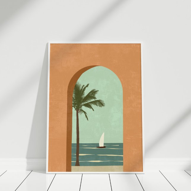 Boho Terracotta Teal Coastal Illustration Art Poster (Boho Terracotta Teal Coastal Illustration Art Poster in a white frame against white wall.)