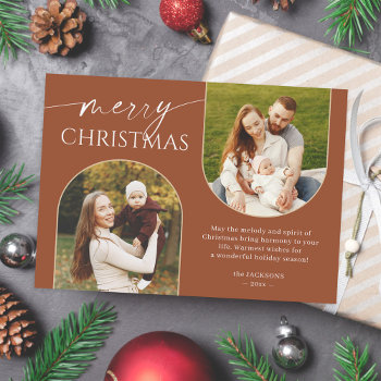 Boho Terracotta Tones Merry Christmas Script Photo Holiday Card by CardHunter at Zazzle