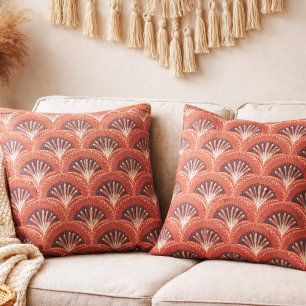 Boho Terracotta Tropical Fan Scallop Print Throw Pillow